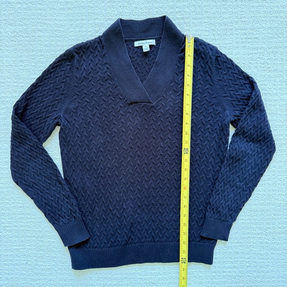 STUDIO WORKS | Black Cotton V-Neck Cable Stitch Sweater Sz M - Picture 3 of 6